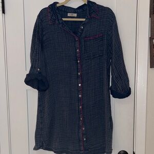 Blue Button-Up Dress with Pink Accents